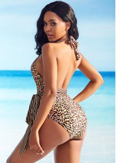 Belted Leopard Print Halter One Piece Swimwear