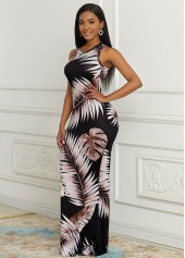 Sleeveless Palm Leaf Print Round Neck Dress 