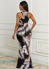 Sleeveless Palm Leaf Print Round Neck Dress 