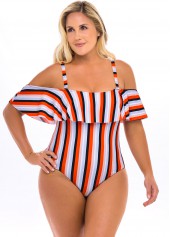 Striped Cold Shoulder Plus Size One Piece Swimwear