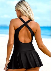 Solid Mesh Stitching Cross Strap Swimdress and Shorts