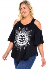 Astrology Print Plus Size Cold Shoulder T Shirt