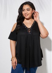 Lace Up Cold Shoulder Plus Size T Shirt
