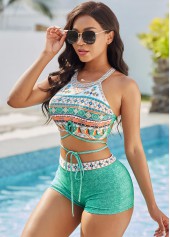 Tie Front Tribal Print Cutout Back Bikini Set 