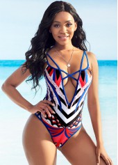 Tribal Print Criss Cross Multi Color One Piece Swimwear