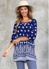 3/4 Sleeve Tribal Print Tie Front Blouse