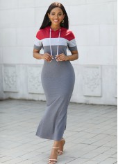 Hooded Collar Contrast Drawstring Maxi Dress