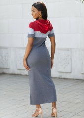 Hooded Collar Contrast Drawstring Maxi Dress