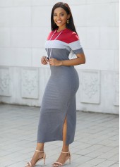 Hooded Collar Contrast Drawstring Maxi Dress