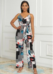 Wide Leg Geometric Print Spaghetti Strap Jumpsuit