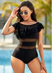 Solid Ruffle Trim One Piece Swimwear