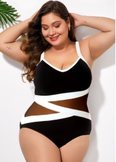 Contrast Mesh Stitching Plus Size One Piece Swimwear