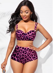 High Waisted Double Strap Leopard Print Bikini Set