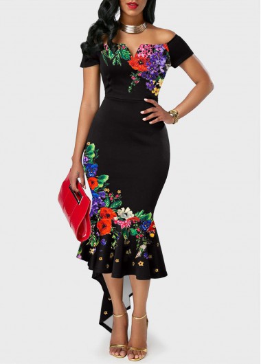 Women&apos;S Black Off The Shoulder Retro Floral Print Sheath Cocktail Party Dress Short Sleeve Mermaid Hem Maxi Dress By Rosewe - M