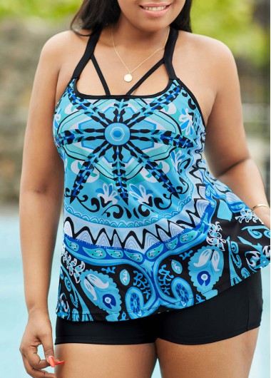 Rosewe Plus Size Tribal Print Criss Cross Back Tankini Set - 1X
