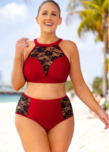 Rosewe Lace Stitching High Waisted Plus Size Bikini Set - 3X