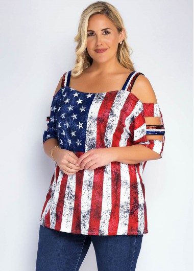 Rosewe Cold Shoulder Plus Size American Flag Print T Shirt - 2X