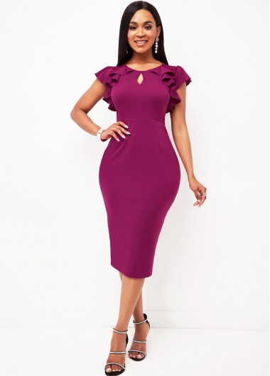 Rosewe Cocktail Party Dress Ruffle Sleeve Lace Stitching Keyhole Neckline Dress - S