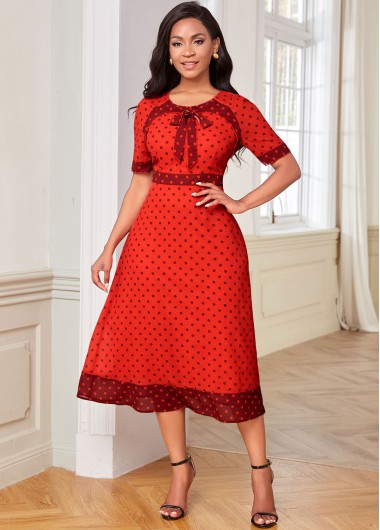 Rosewe Red Dresses Bowknot Polka Dot Short Sleeve Dress - XXL