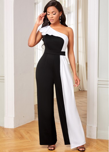 Rosewe Ruffle Trim Contrast Skew Neck Jumpsuit - XXL