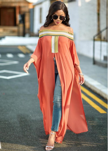 Rosewe Women Brick Red Off The Shoulder Double Slit Longline Blouse Three Quarter Sleeve Casual Vacation Beach Top - S