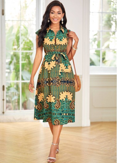 Rosewe Cocktail Party Dress Belted Paisley Print Turndown Collar Dress - M