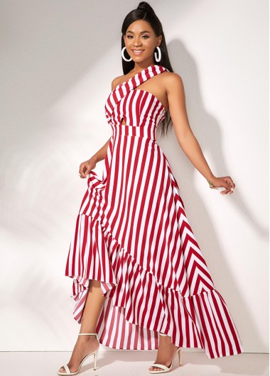 Rosewe Women Red Striped Sleeveless One Shoulder Maxi Vacation Dress High Waisted Skew Neck Ruffle Hem Elegant Cocktail Party Dress - S