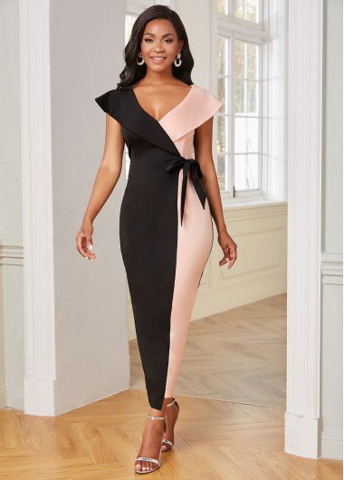 Rosewe Black Dresses Side Back V Neck Color Block Bodycon Dress - XXL