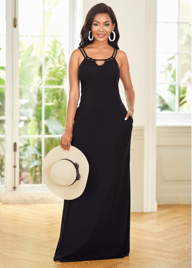 Rosewe Black Dresses Spaghetti Strap Cutout Neck Solid Maxi Dress - XXL