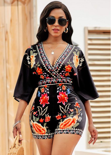 Rosewe Women Black Tie Back Floral Printed V Neck Three Quarter Sleeve Romper Skinny Summer Casual Romper - 3XL