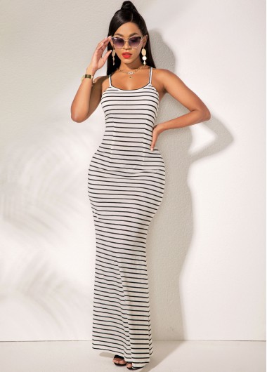 Rosewe Cocktail Party Dress Criss Cross Back Striped Spaghetti Strap Mermaid Dress - XL