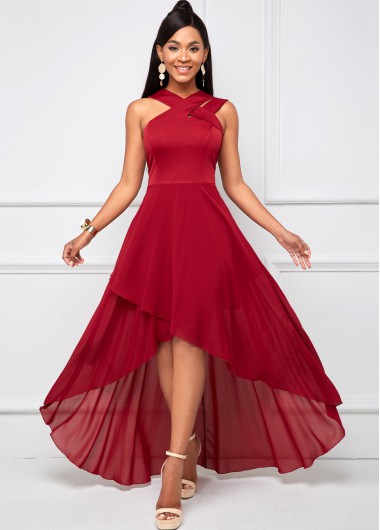 Rosewe Wedding Guest Dress Sleeveless Dip Hem Cross Strap Maxi Dress - XL