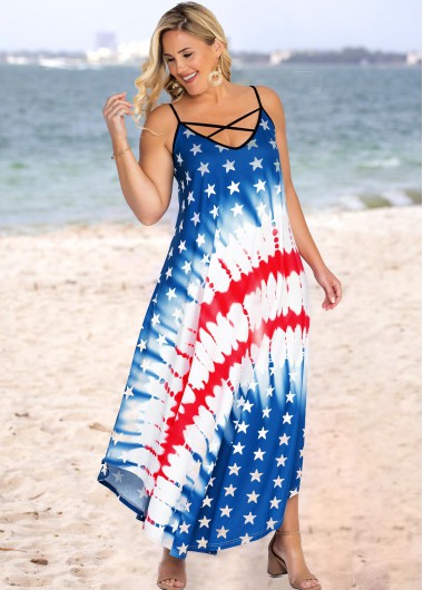 Rosewe Spaghetti Strap Plus Size American Flag Print Dress - 2X