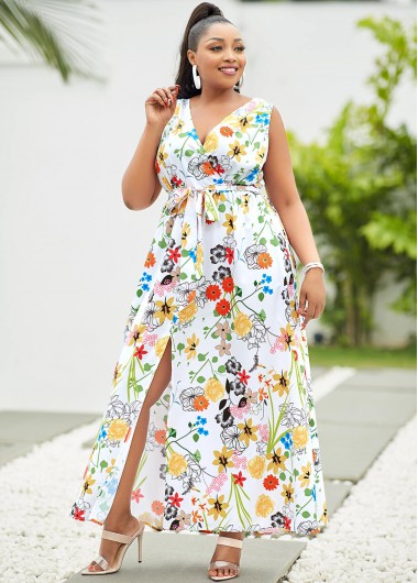 Rosewe Side Slit Plus Size Floral Print Dress - 3X