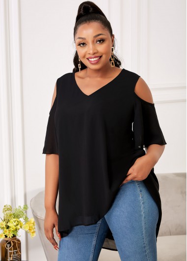 Rosewe Cold Shoulder Plus Size Asymmetric Hem Blouse - 2X