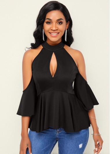 Rosewe Keyhole Neckline Cold Shoulder Flare Sleeve Blouse - M