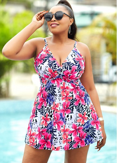 Rosewe Plus Size Floral Print Spaghetti Strap Swimdress and Panty - 3X