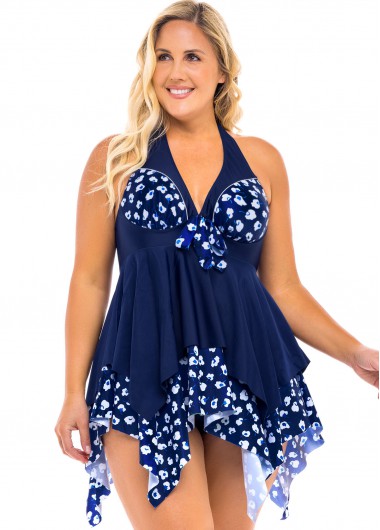 Rosewe Asymmetric Hem Plus Size Printed Swimdress and Panty - 2X