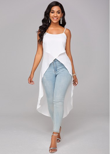 Rosewe White Spaghetti Strap Asymmetric Hem Camisole Top - XXL