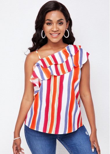 Rosewe Skew Neck Striped One Sleeve Flounce Blouse - XL