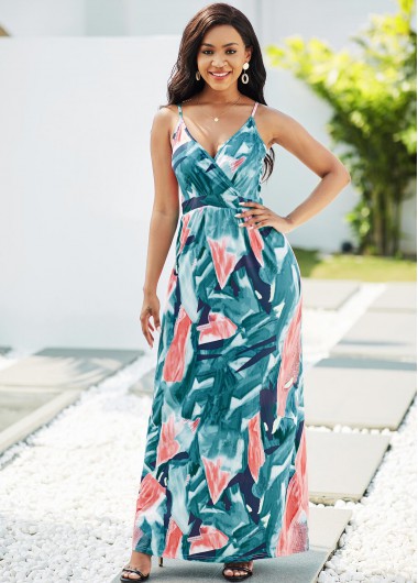 Rosewe Cocktail Party Dress Criss Cross Back Printed Maxi Dress - XL