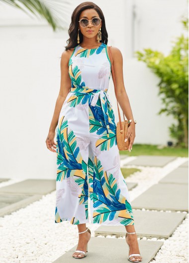 Rosewe Round Neck Plant Print Sleeveless Jumpsuit - XL