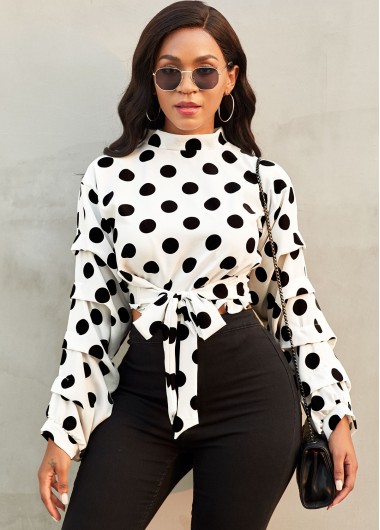 Rosewe Long Sleeve Polka Dot Knotted Hem Blouse - L
