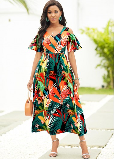 Rosewe Cocktail Party Dress V Neck Tropical Print Cold Shoulder Dress - M
