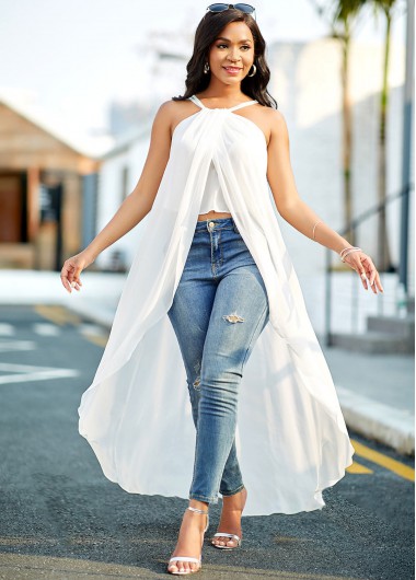 Rosewe Women White Chiffon Asymmetric Hem Flowy Blouse Solid Color Cross Strap Sleeveless Halter Neck Longline Vacation Top - M