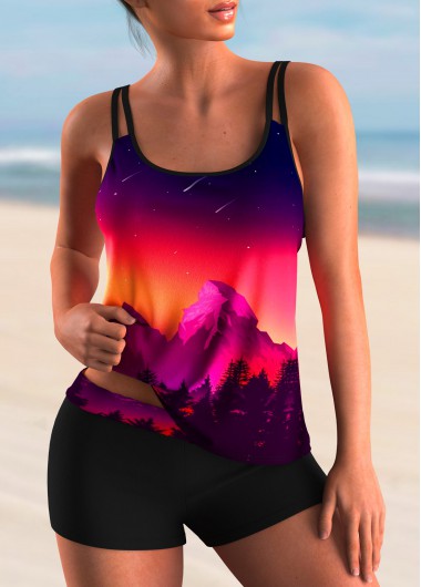 Rosewe Spaghetti Strap Colorful Scape Print Tankini Set - L
