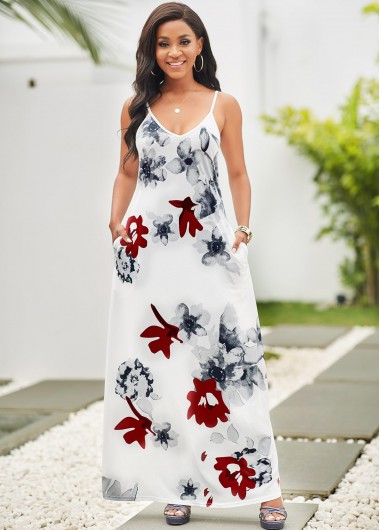 Rosewe Cocktail Party Dress Spaghetti Strap Floral Print Pocket Maxi Dress - S