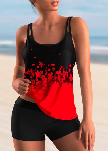 Rosewe Ombre Floral Print Spaghetti Strap Tankini Set - S