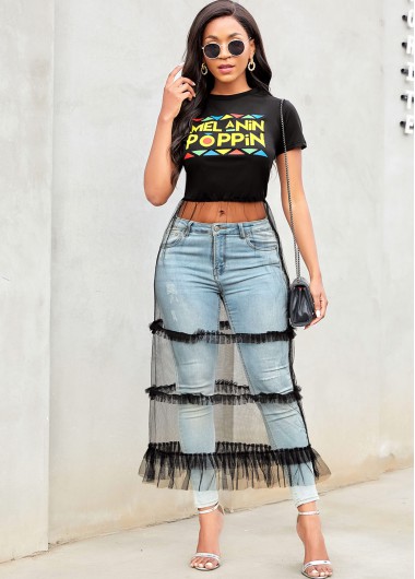 Rosewe Round Neck Mesh Stitching Letter Print T Shirt - S