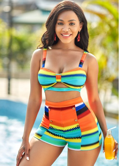 Rosewe Colorful Striped High Waisted Plus Size Bikini Set - 2X